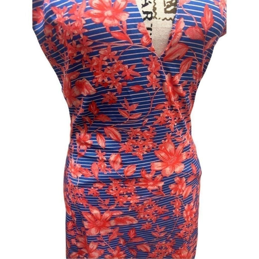 Belle Badgley Mischka Halter Dress Womens 0 Blue Coral Floral Striped Sheath NWT - Picture 8 of 11